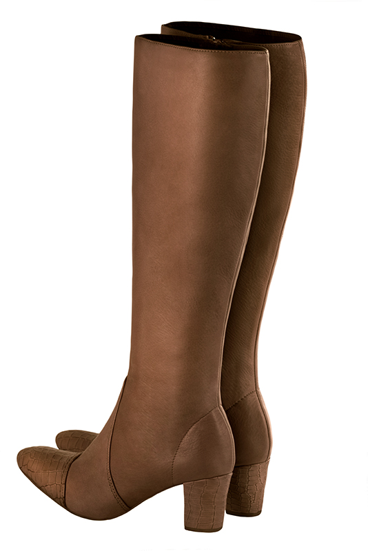Caramel brown women's feminine knee-high boots. Round toe. Medium block heels. Made to measure. Rear view - Florence KOOIJMAN